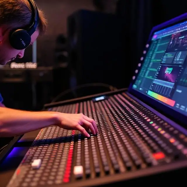 An engineer adjusting knobs on the mixing console.