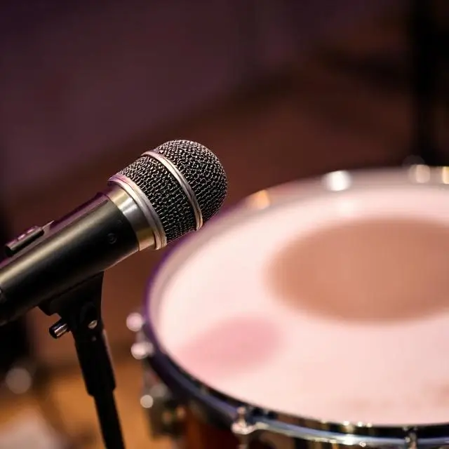 A close-up shot of a microphone on a snare drum.