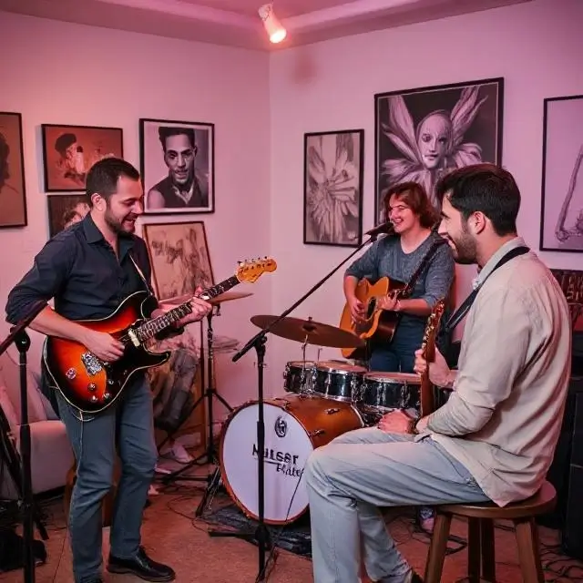 A band laughing and collaborating in the artist lounge.