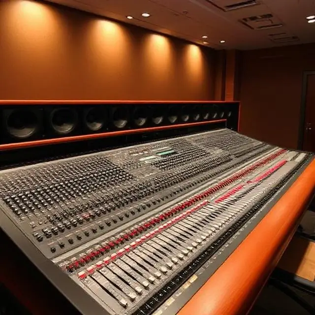 The large-format Solid State Logic mixing console.