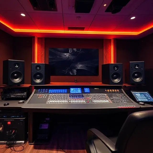 Wide shot of the main mixing console and speakers.