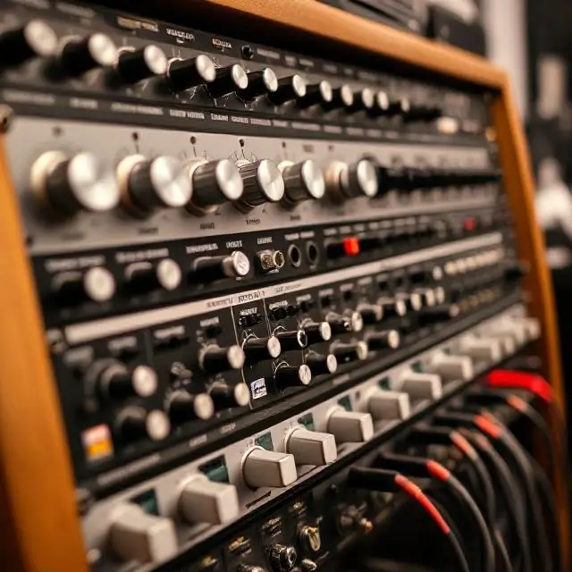 Close-up of an outboard gear rack with compressors and EQs.