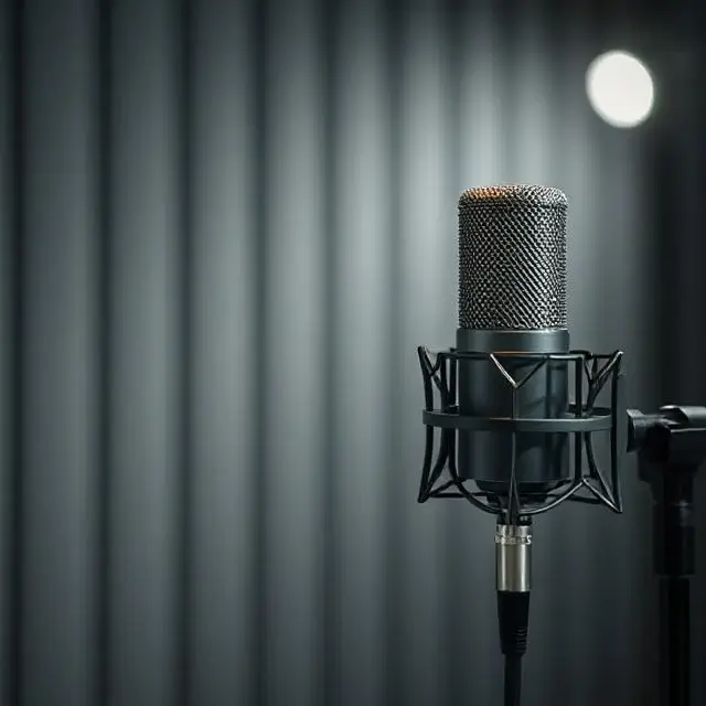 A classic condenser microphone in a vocal booth