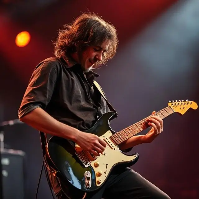 An artist passionately playing an electric guitar