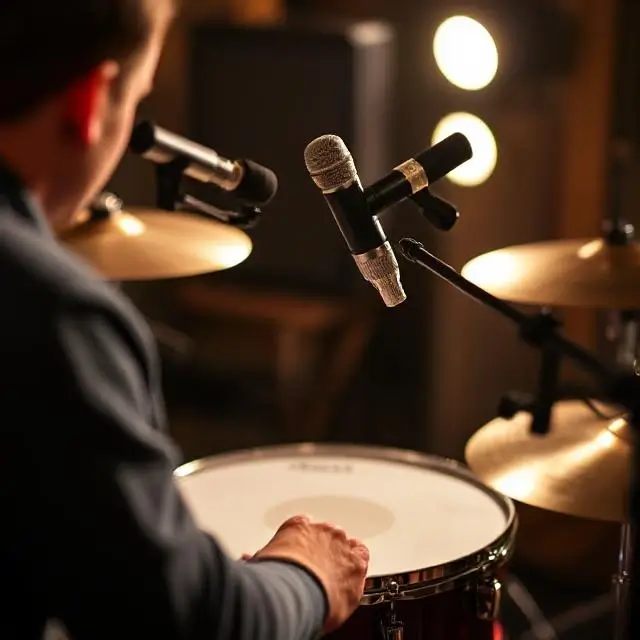 Setting up microphones on a drum kit.