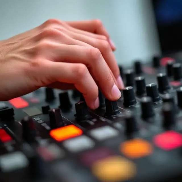 Close-up of hands on a fader.