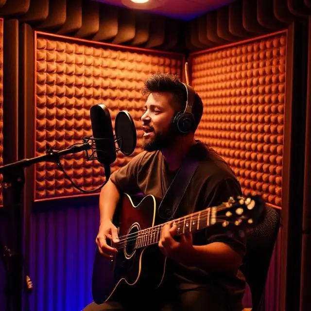 An artist performing in the vocal booth.