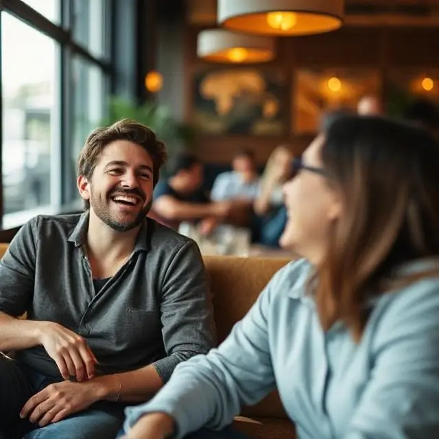 Laughing during a break in the lounge.