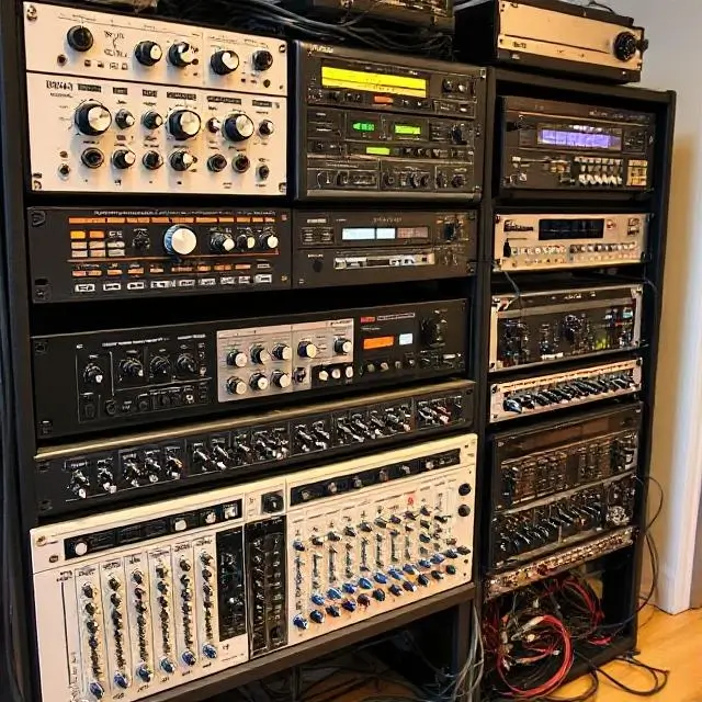A rack of high-end audio processing gear