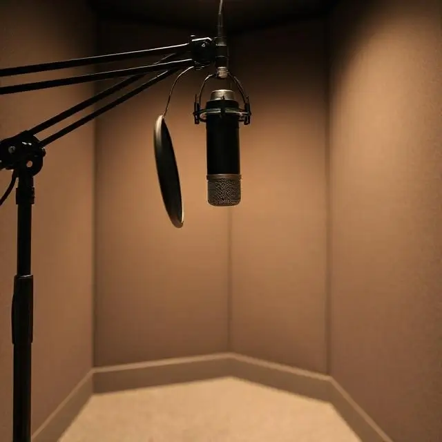 A vocal isolation booth with a condenser microphone.