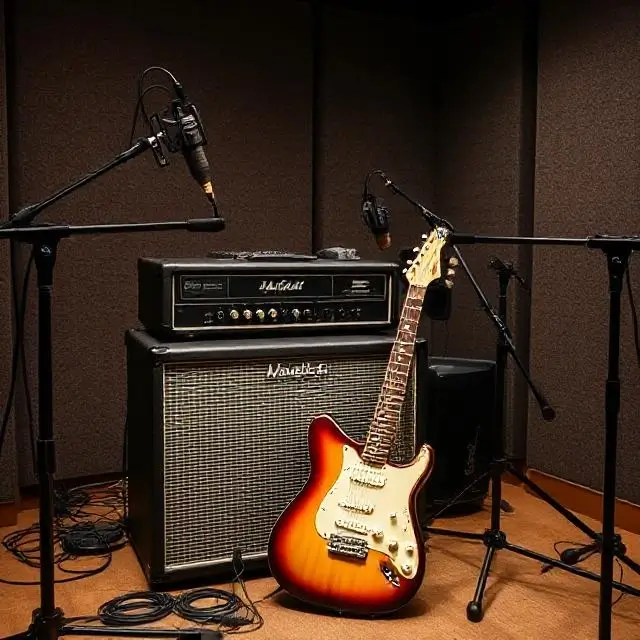 A guitar amplifier in an isolation booth with multiple microphones.