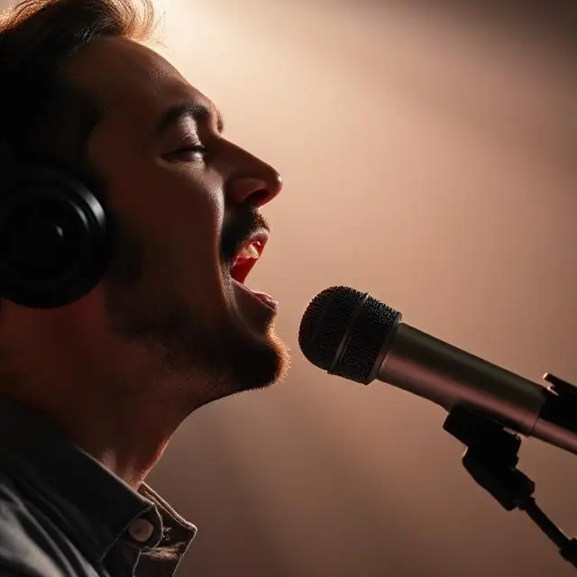 A vocalist singing into a high-end condenser microphone.