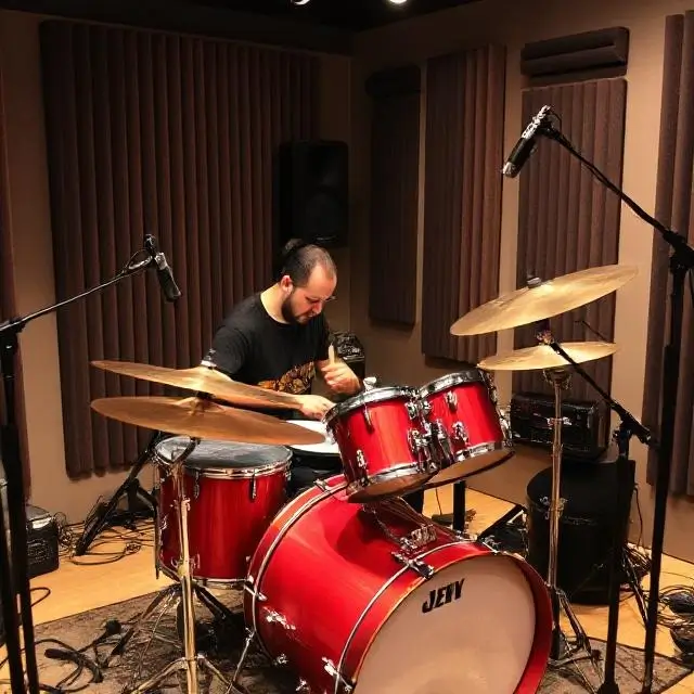 Musician playing drums in a recording booth