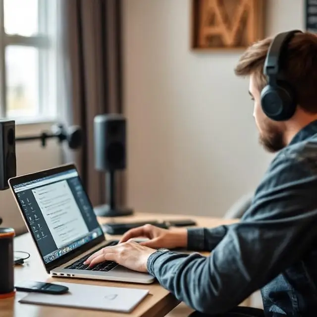 A person working remotely on a laptop with audio software