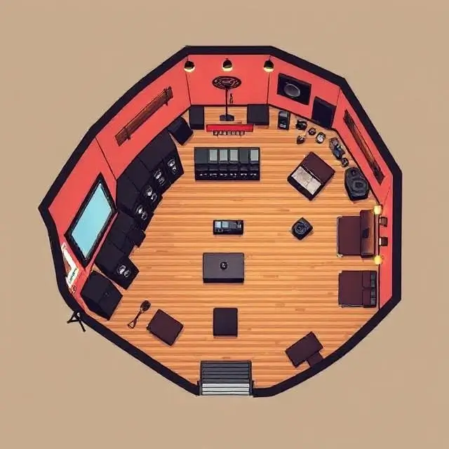 A stylized floor plan of the Naughty Bit recording studio.