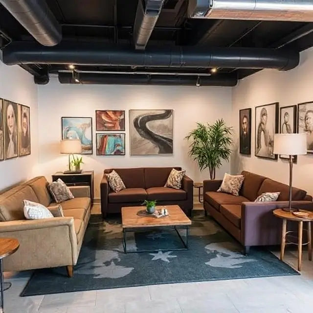 Comfortable couches in the artist lounge area.