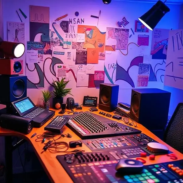 A vibrant, creative mixing desk environment